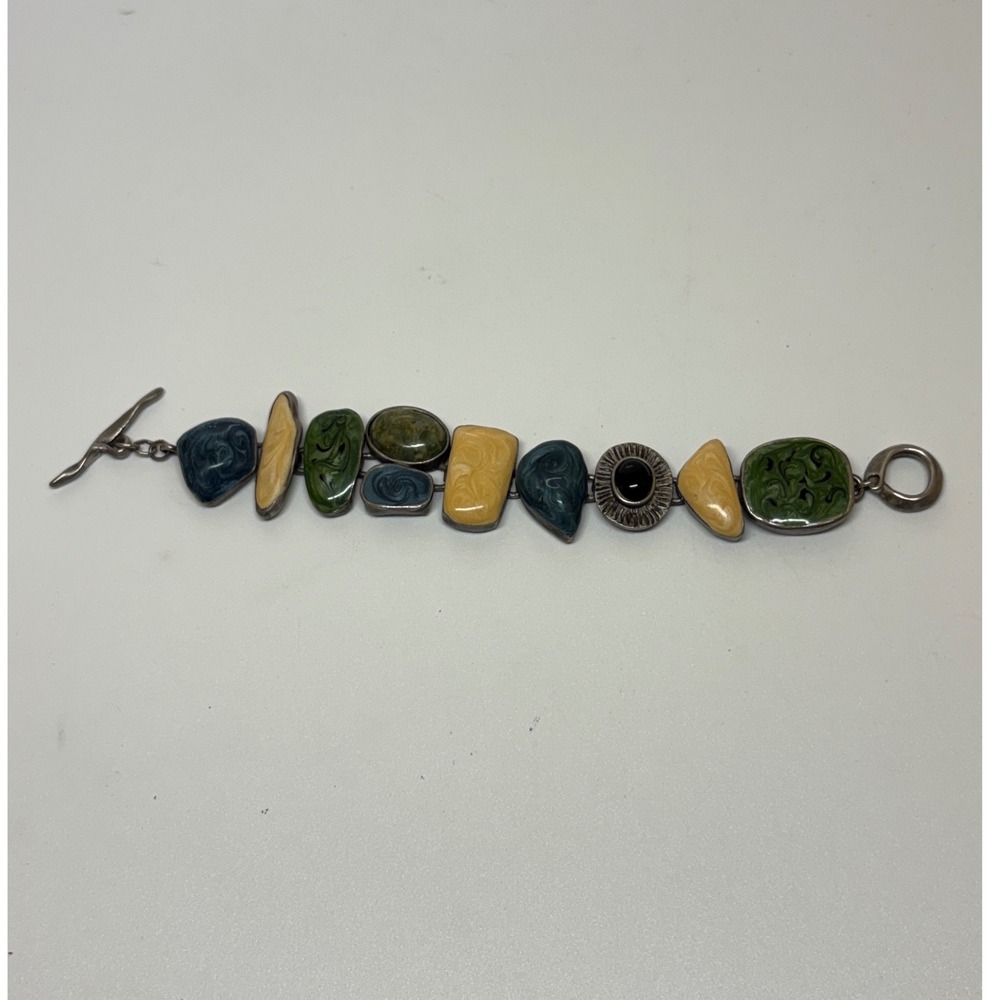 Vintage Style Mixed Stone Enamel Toggle Bracelet Green Blue Yellow Silver Tone